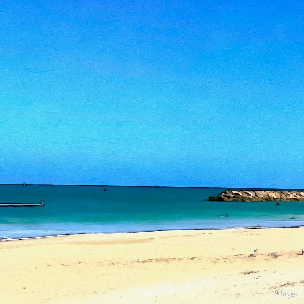 Painting of a calm beach at Rottnest Island with pale sand, clear turquoise water, a distant rocky breakwall, and a cloudless blue sky. The following images show the same artwork displayed in different interior settings.