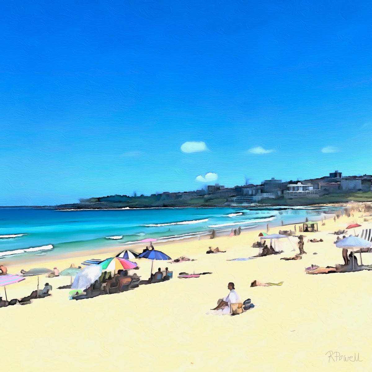 Painting of Bondi Beach on a sunny day, with beachgoers lying on the sand under colourful umbrellas, gentle waves rolling in, and buildings in the distance under a bright blue sky. The following images show the same artwork displayed in different interior settings.