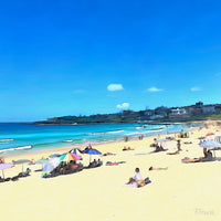 Painting of Bondi Beach on a sunny day, with beachgoers lying on the sand under colourful umbrellas, gentle waves rolling in, and buildings in the distance under a bright blue sky. The following images show the same artwork displayed in different interior settings.