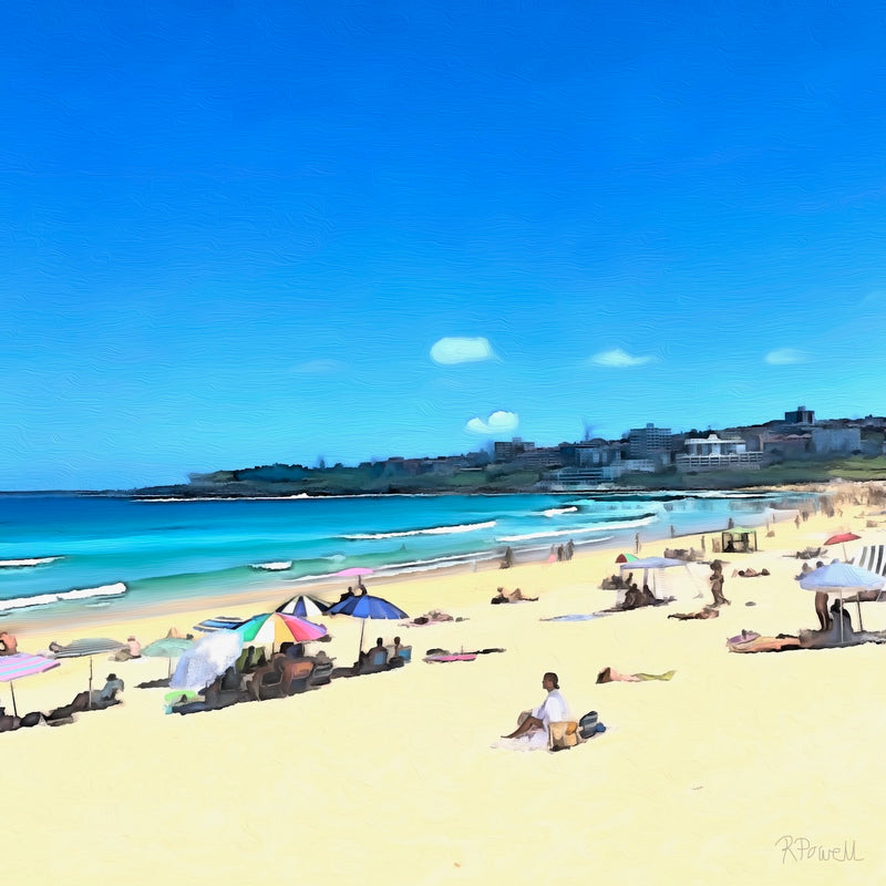 Painting of Bondi Beach on a sunny day, with beachgoers lying on the sand under colourful umbrellas, gentle waves rolling in, and buildings in the distance under a bright blue sky. The following images show the same artwork displayed in different interior settings.