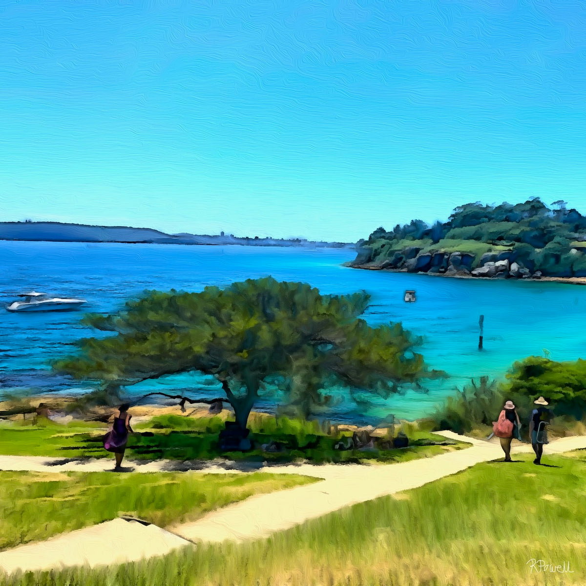 Painting of a path leading toward turquoise water at Camp Cove, with three people walking through sunlit grass and a leafy tree in the foreground. The following images show the same artwork displayed in different interior settings.